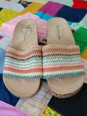 CL by Laundry Multicolor Zigzag Woven Slide Sandals - Beige Cork Platform